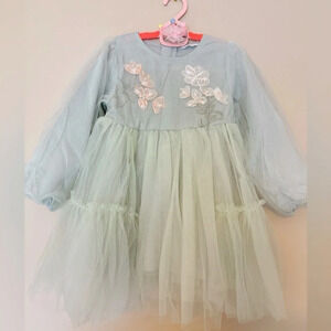 Mint  Green Floral Embroidered Tulle Dress